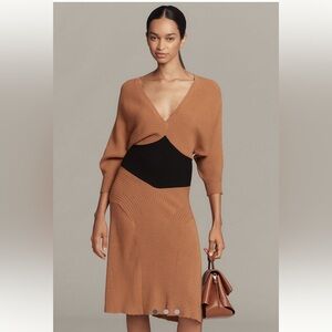 Anthropologie Camel Ribbed V‑Neck Dress with Black Smocked Waist 3X NWT